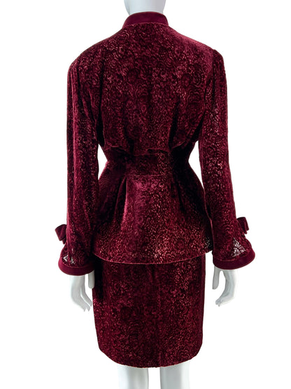 Thierry Mugler Fall 1995 Wine Red Devoré Velvet Lace Skirt Suit