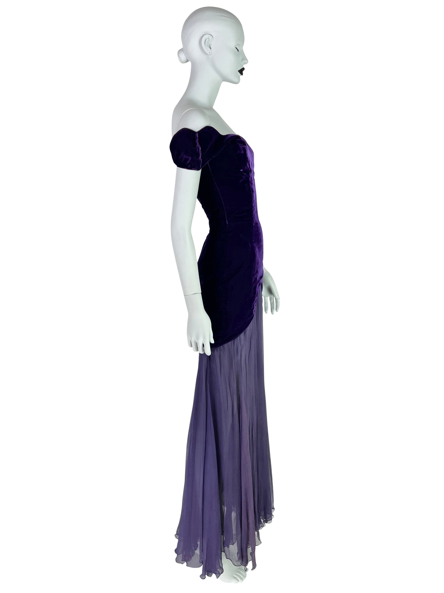 Thierry Mugler Circa 1980 Ultra-Rare Demi-Couture Velvet & Chiffon Purple Gown