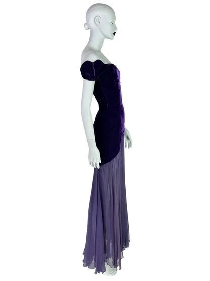 Thierry Mugler Circa 1980 Ultra-Rare Demi-Couture Velvet & Chiffon Purple Gown