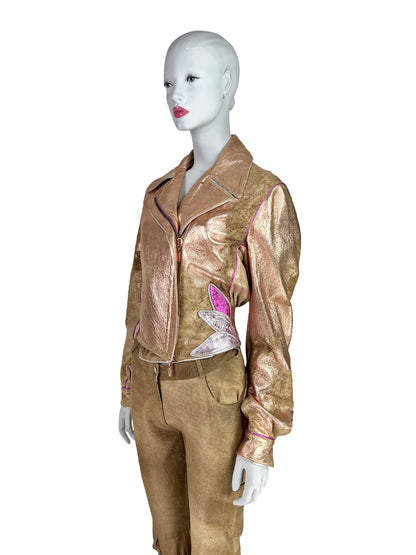 Roberto Cavalli Spring 2002 Rose Gold Suede Leather Moto Jacket