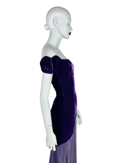Thierry Mugler Circa 1980 Ultra-Rare Demi-Couture Velvet & Chiffon Purple Gown