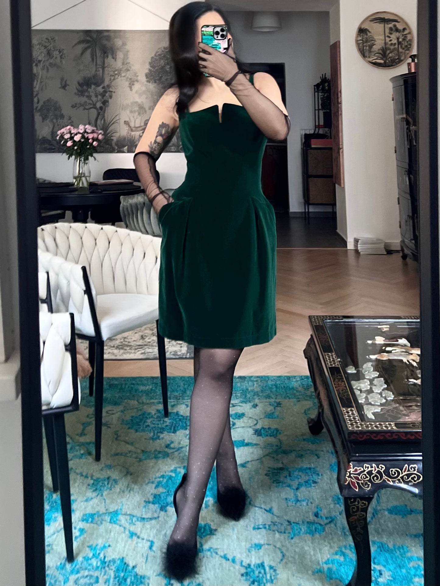 Mid 1990s Thierry Mugler Emerald Velvet Mini Dress