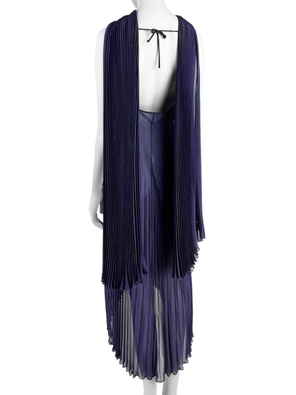 Dolce & Gabbana Fall 2000 Purple Pleated Silk Dress with Leather Flower & Matching Stola