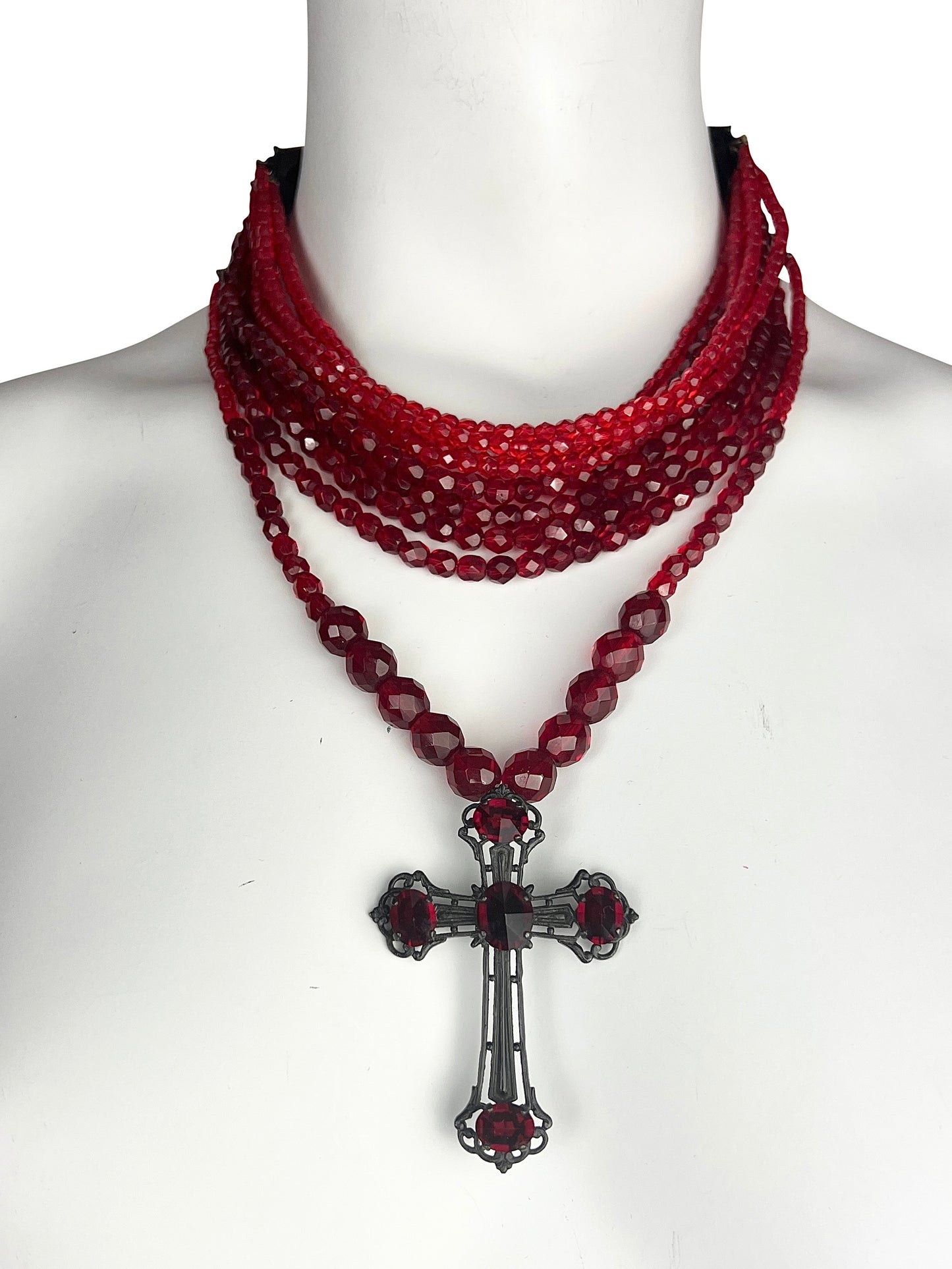 Jean-Paul Gaultier Fall 1998 Red Glass Bead Multi-Strand Choker Necklace with Cross