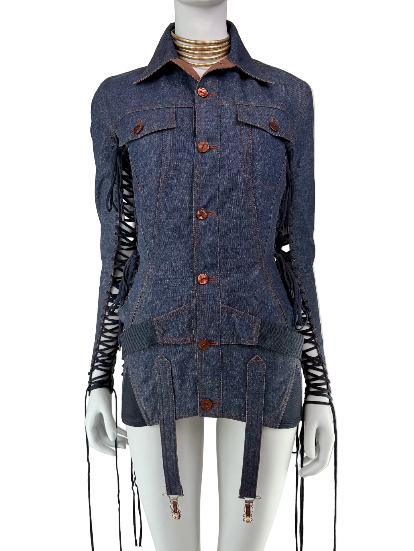 Jean Paul Gaultier Spring 2004 Runway Lace-Up Denim Jacket / Micro Dress