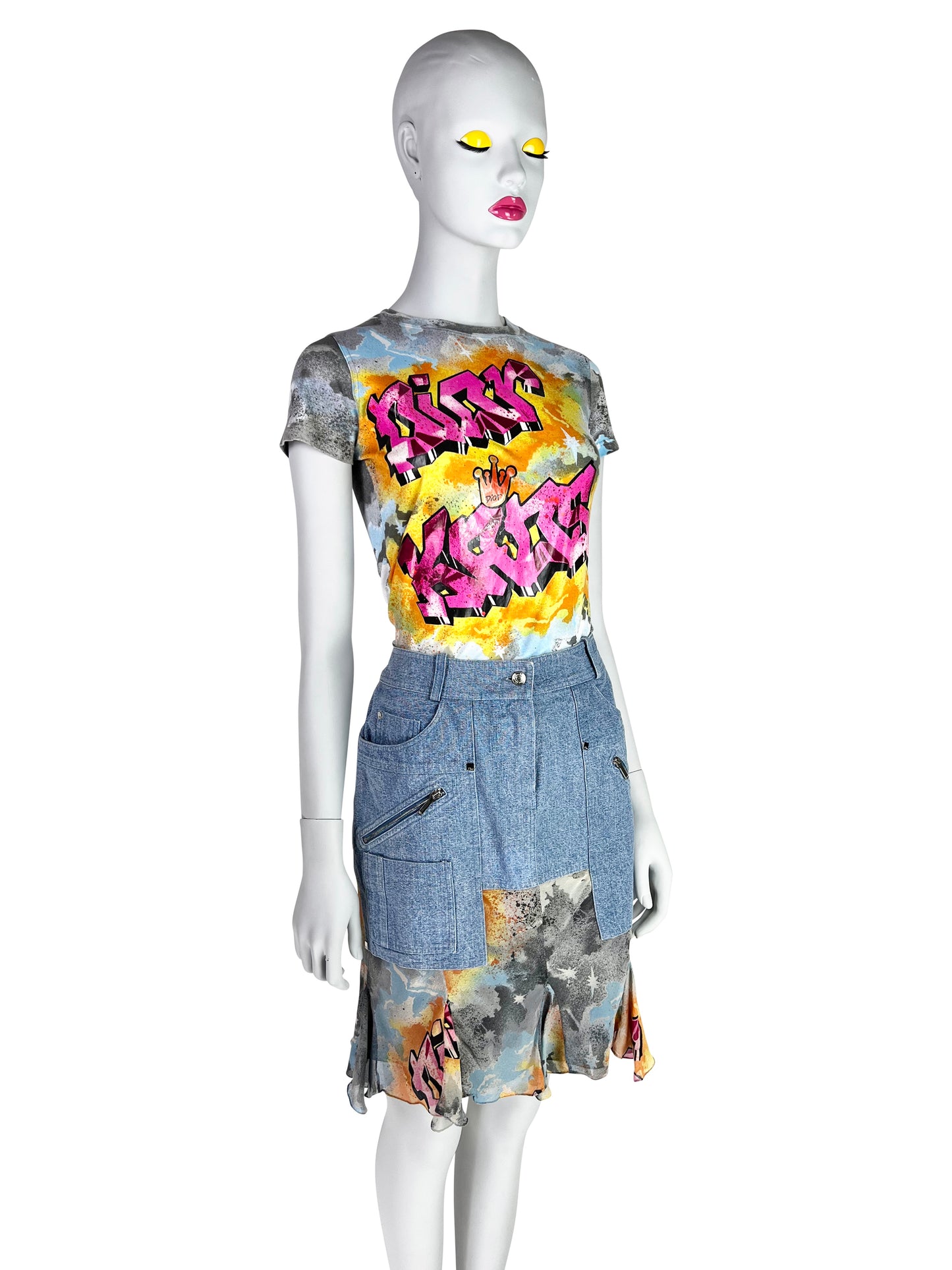 Dior by John Galliano Spring 2004 “Dior Kaos” Printed T-Shirt and Skirt Ensemble