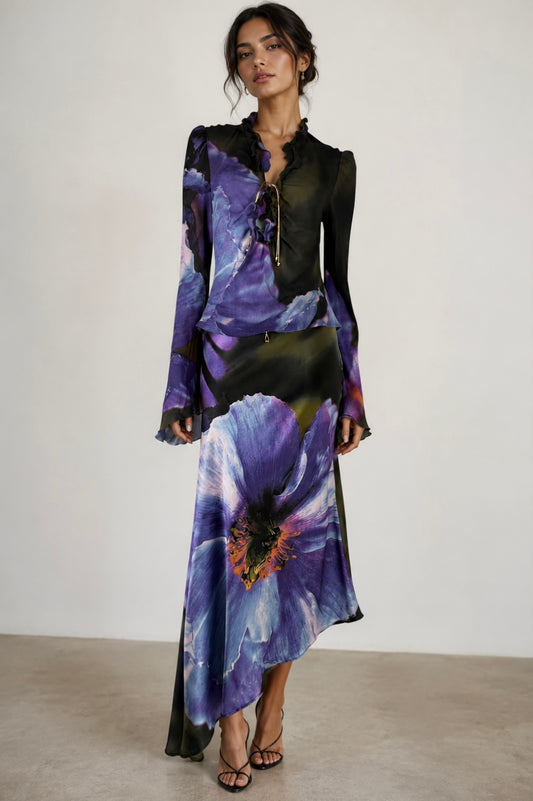 Roberto Cavalli Fall 1999 Iris Print Silk Ensemble