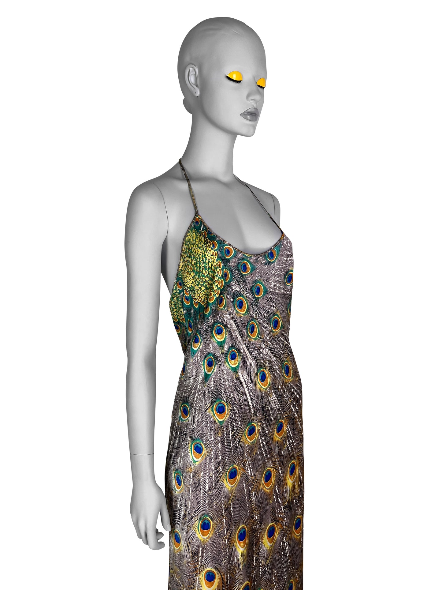 Roberto Cavalli Fall 1999 Peacock Print Bias Cut Silk Gown
