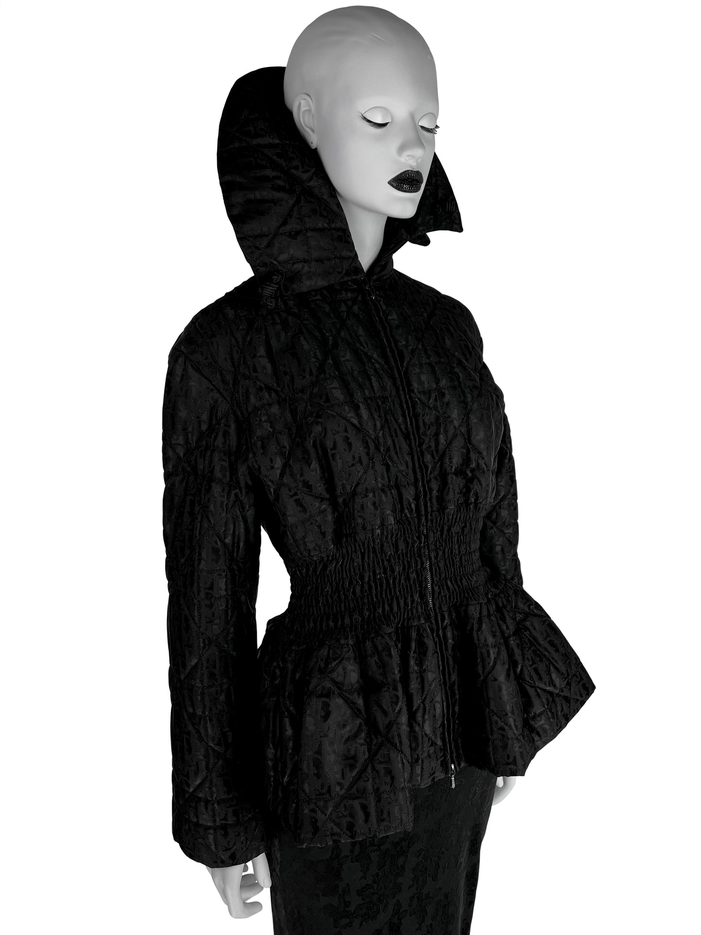Dior by John Galliano Fall 1998 Black Peplum Monogram Jacket and Jacquard Evening Skirt Runway Ensemble
