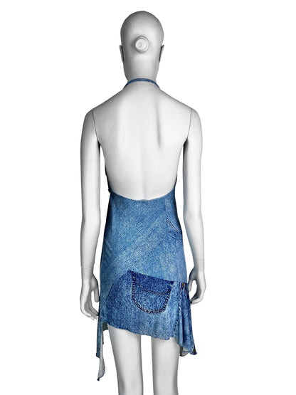 Dior Spring 2000 RTW Denim Trompe L’œil Silk Mini Dress