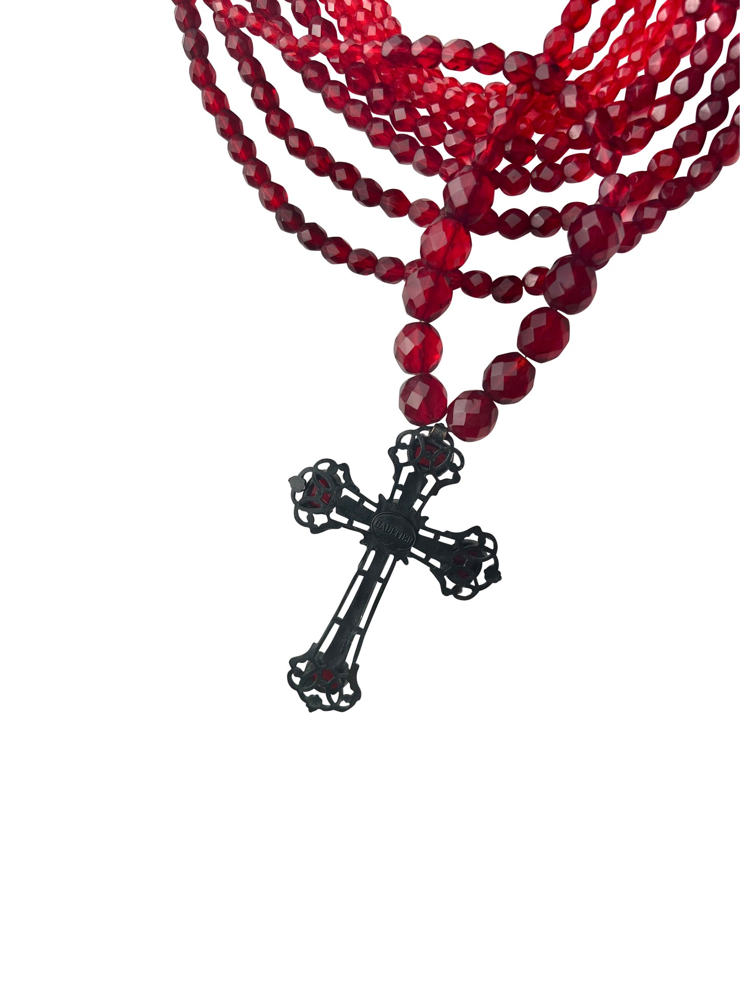 Jean-Paul Gaultier Fall 1998 Red Glass Bead Multi-Strand Choker Necklace with Cross