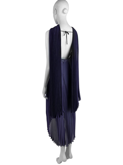 Dolce & Gabbana Fall 2000 Purple Pleated Silk Dress with Leather Flower & Matching Stola