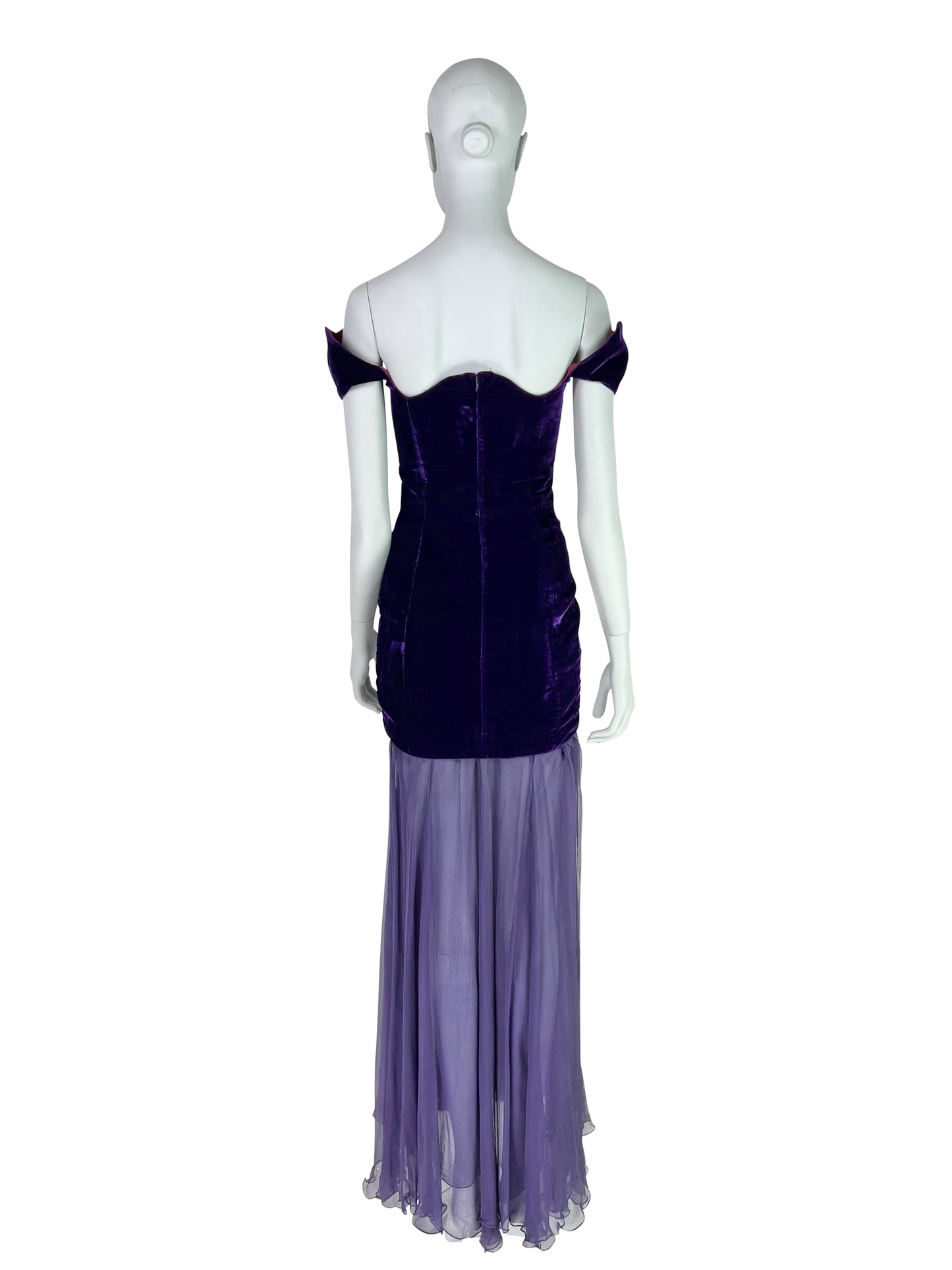 Thierry Mugler Circa 1980 Ultra-Rare Demi-Couture Velvet & Chiffon Purple Gown