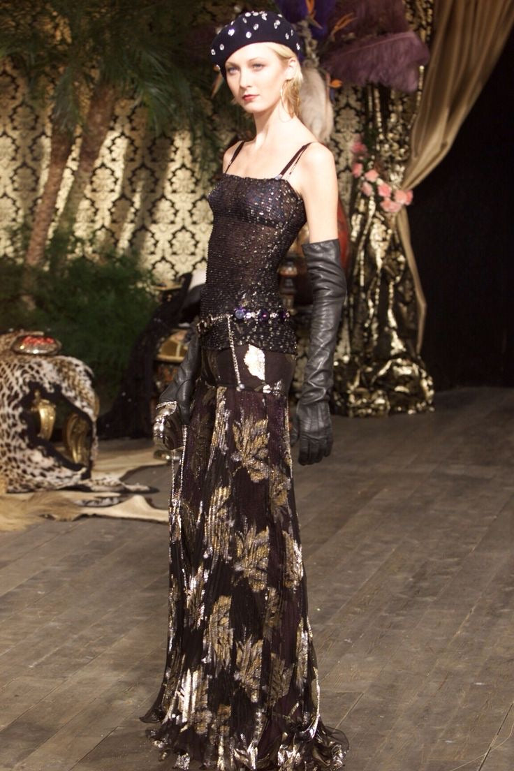 Dolce & Gabbana Fall 2000 Lamé Brocade Black Chiffon Silk Pleated Evening Trousers