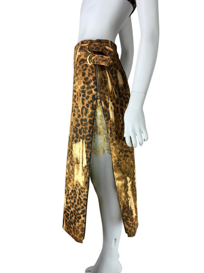 Dior by John Galliano Fall 2000 Layered Leopard Print Denim and Lace Skirt