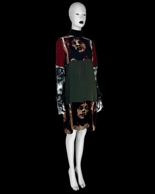 Jean-Paul Gaultier Fall 1997 Silk Tube Dress with Face Print Velvet Panels