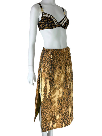 Dior by John Galliano Fall 2000 Layered Leopard Print Denim and Lace Skirt