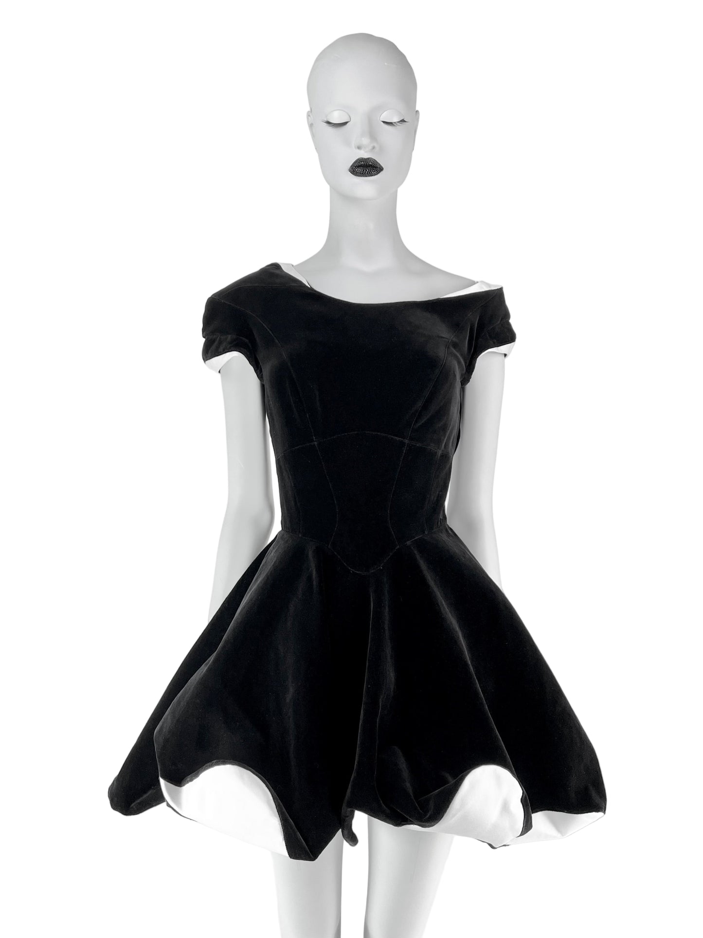 Thierry Mugler Fall 1994 Runway Velvet Dress with White Contrast Details