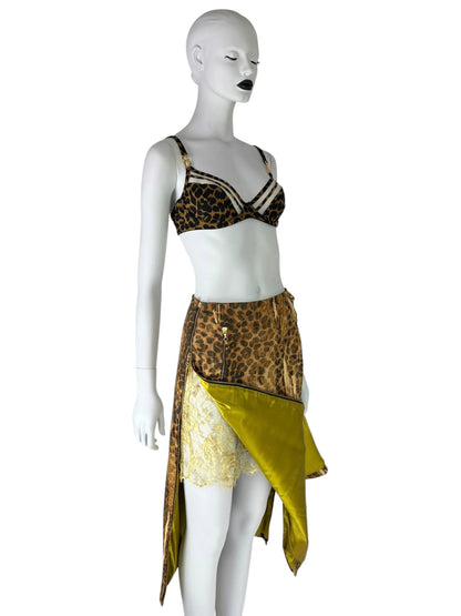 Dior by John Galliano Fall 2000 Layered Leopard Print Denim and Lace Skirt