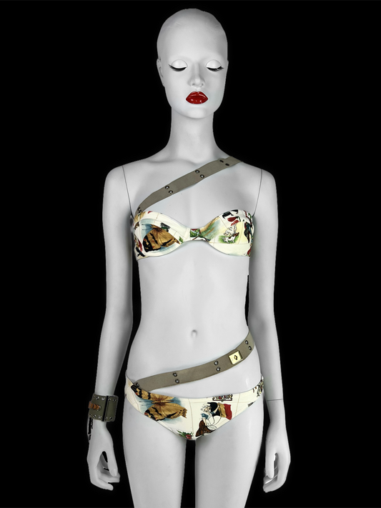 Dior by John Galliano Spring 2002 Stamp Print Bikini with Belts