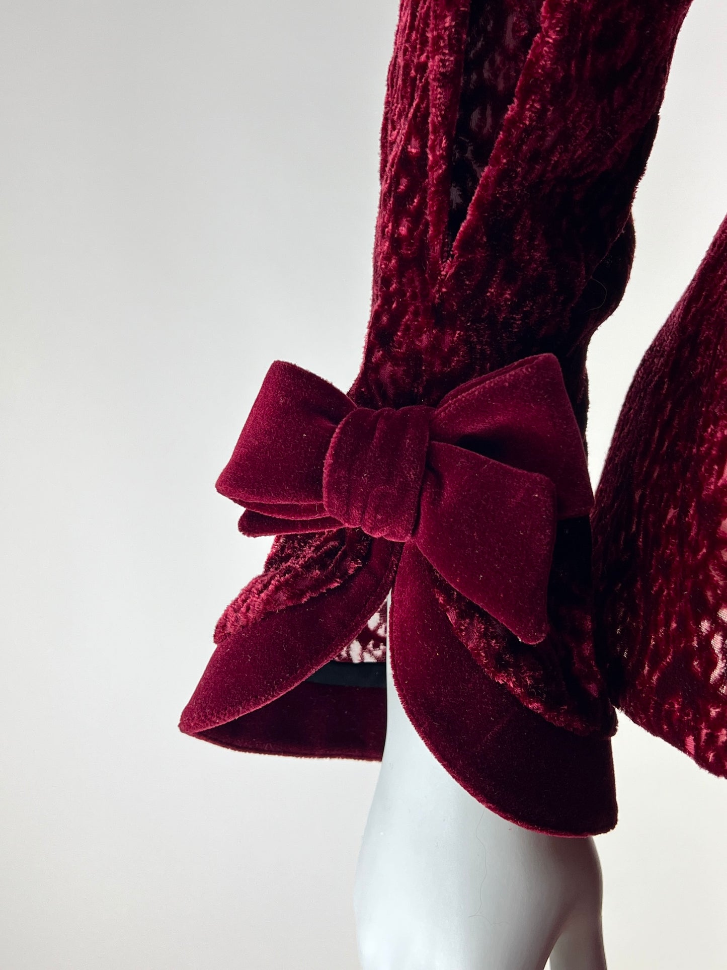 Thierry Mugler Fall 1995 Wine Red Devoré Velvet Lace Skirt Suit