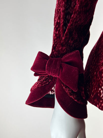 Thierry Mugler Fall 1995 Wine Red Devoré Velvet Lace Skirt Suit