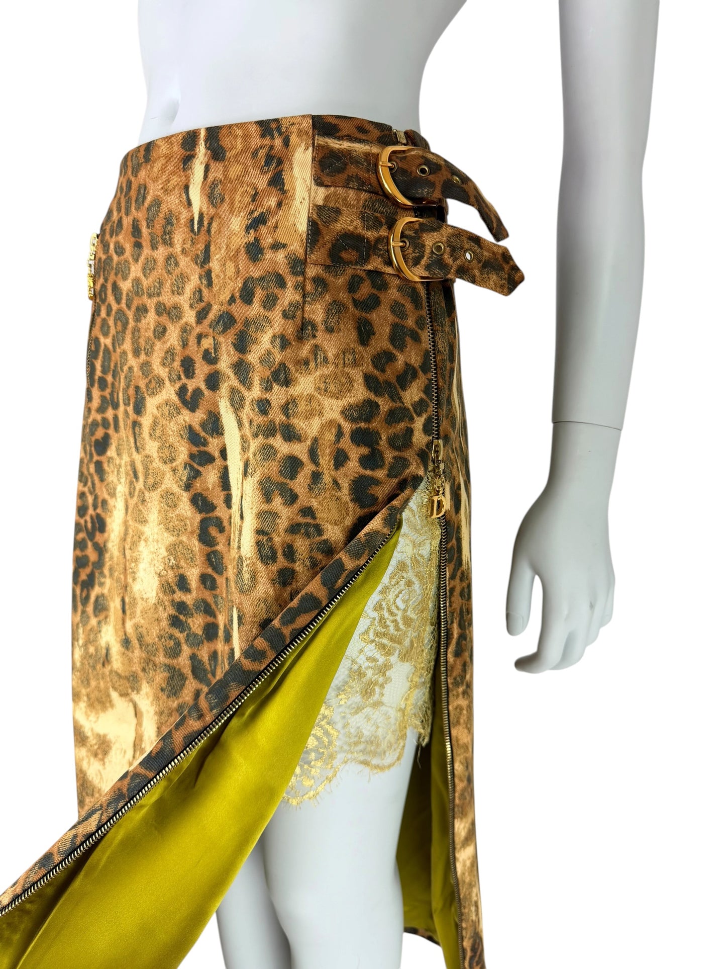 Dior by John Galliano Fall 2000 Layered Leopard Print Denim and Lace Skirt