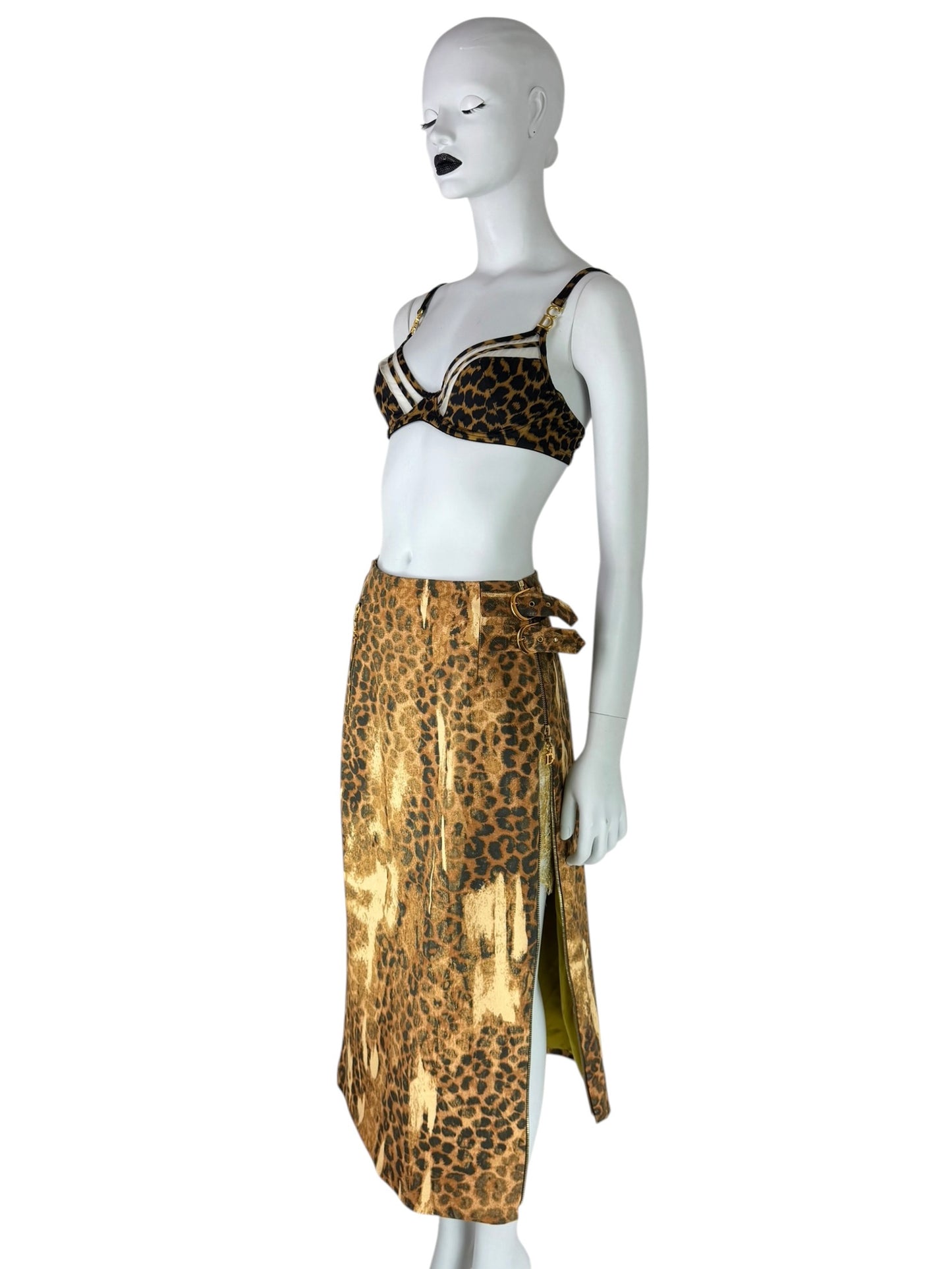 Dior by John Galliano Fall 2000 Layered Leopard Print Denim and Lace Skirt