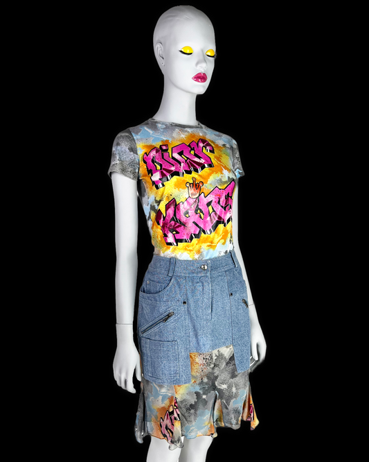 Dior by John Galliano Spring 2004 “Dior Kaos” Printed T-Shirt and Skirt Ensemble