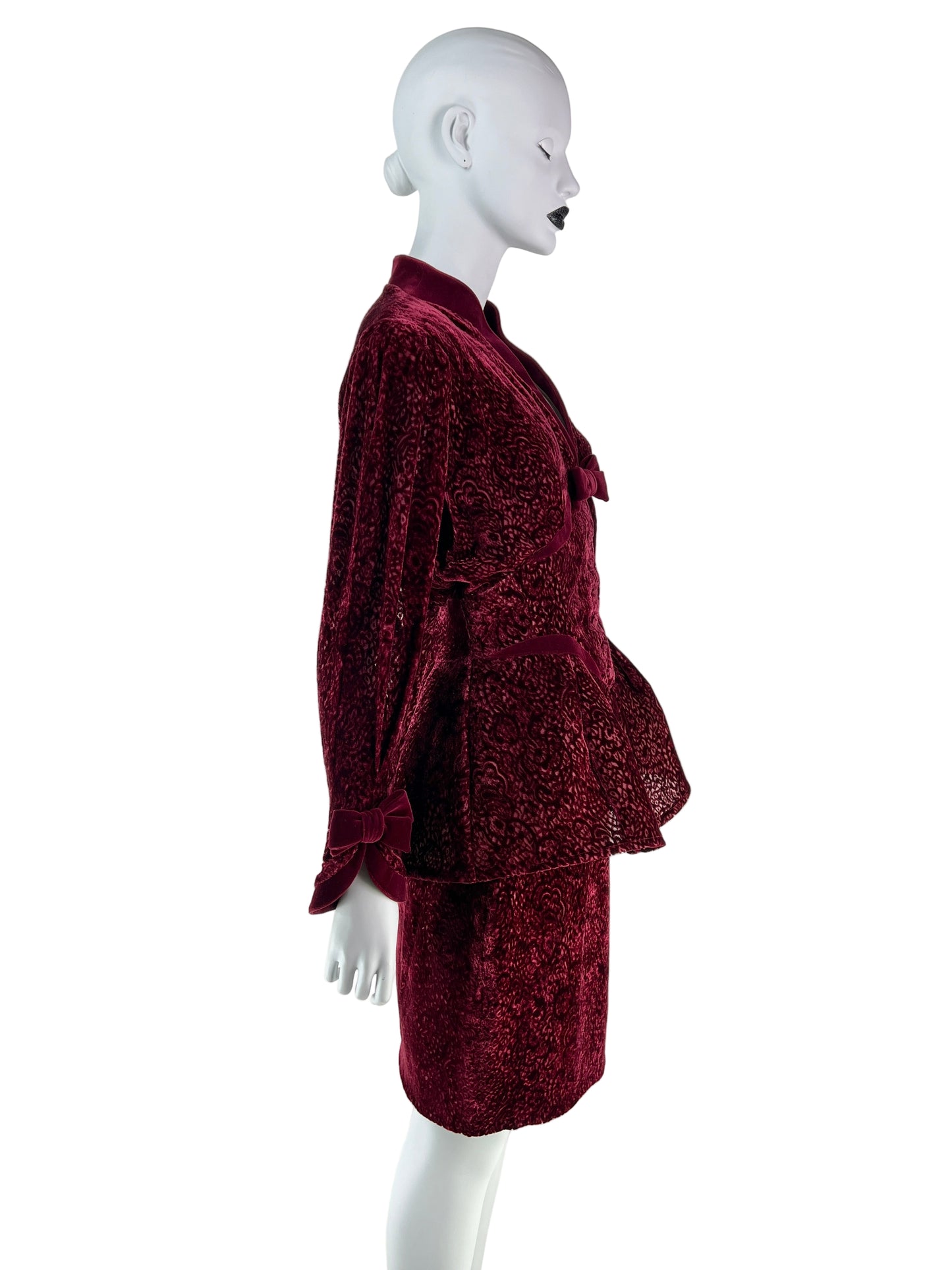 Thierry Mugler Fall 1995 Wine Red Devoré Velvet Lace Skirt Suit