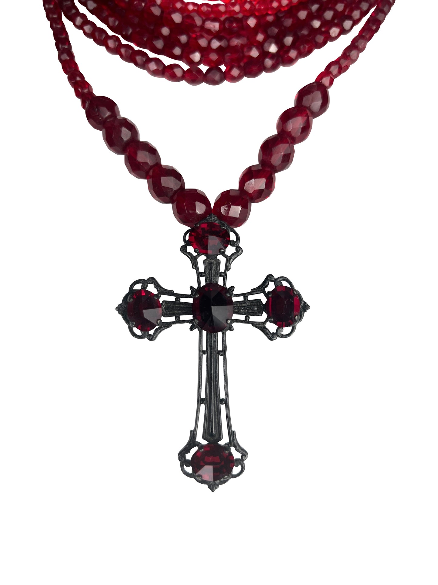 Jean-Paul Gaultier Fall 1998 Red Glass Bead Multi-Strand Choker Necklace with Cross