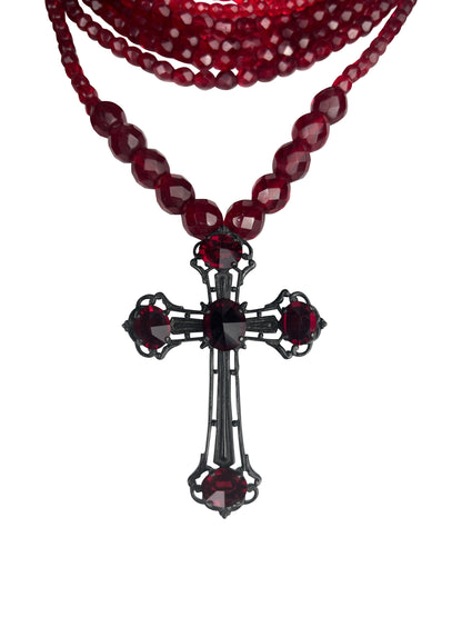 Jean-Paul Gaultier Fall 1998 Red Glass Bead Multi-Strand Choker Necklace with Cross