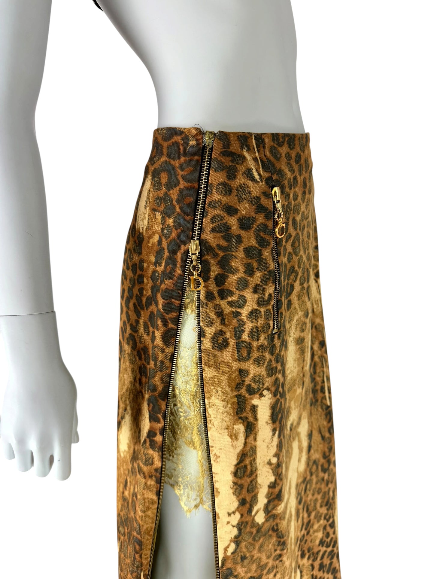 Dior by John Galliano Fall 2000 Layered Leopard Print Denim and Lace Skirt
