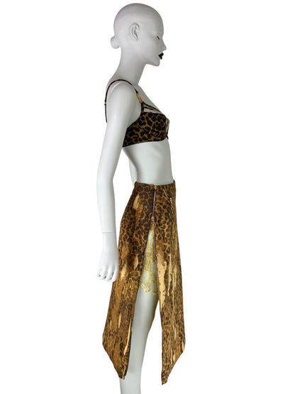 Dior by John Galliano Fall 2000 Layered Leopard Print Denim and Lace Skirt