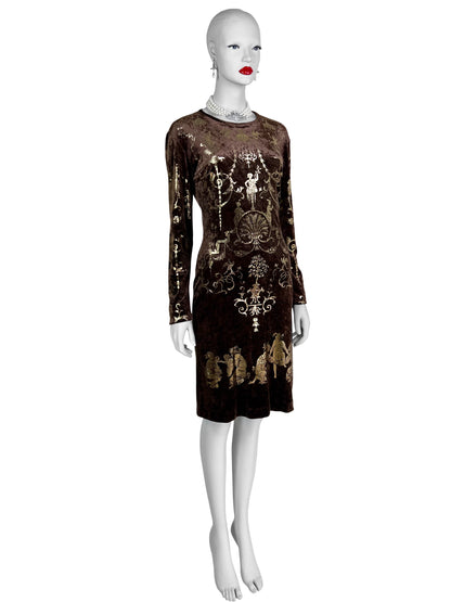 Vivienne Westwood Fall 1990 “Portrait Collection” Foiled “Boulle” Printed Velvet Bodycon Dress