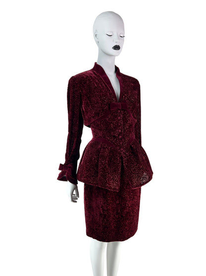Thierry Mugler Fall 1995 Wine Red Devoré Velvet Lace Skirt Suit