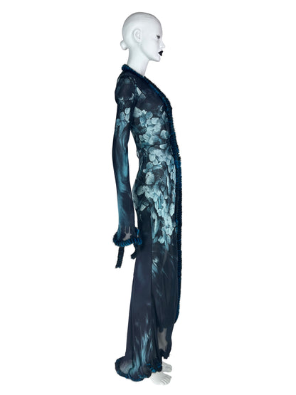 Roberto Cavalli Fall 2000 Sheer Silk Coat with Fox Fur Trim