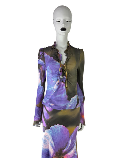 Roberto Cavalli Fall 1999 Iris Print Silk Ensemble
