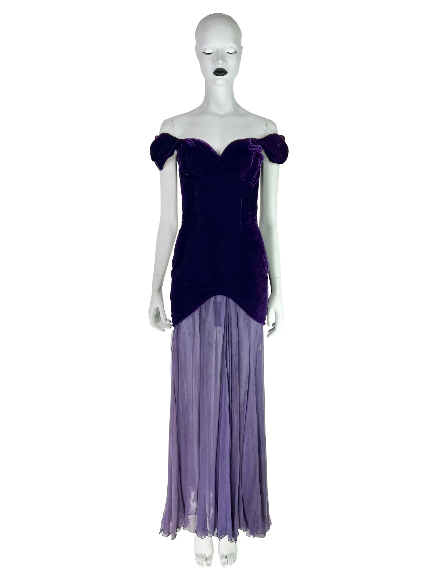 Thierry Mugler Circa 1980 Ultra-Rare Demi-Couture Velvet & Chiffon Purple Gown