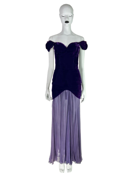 Thierry Mugler Circa 1980 Ultra-Rare Demi-Couture Velvet & Chiffon Purple Gown