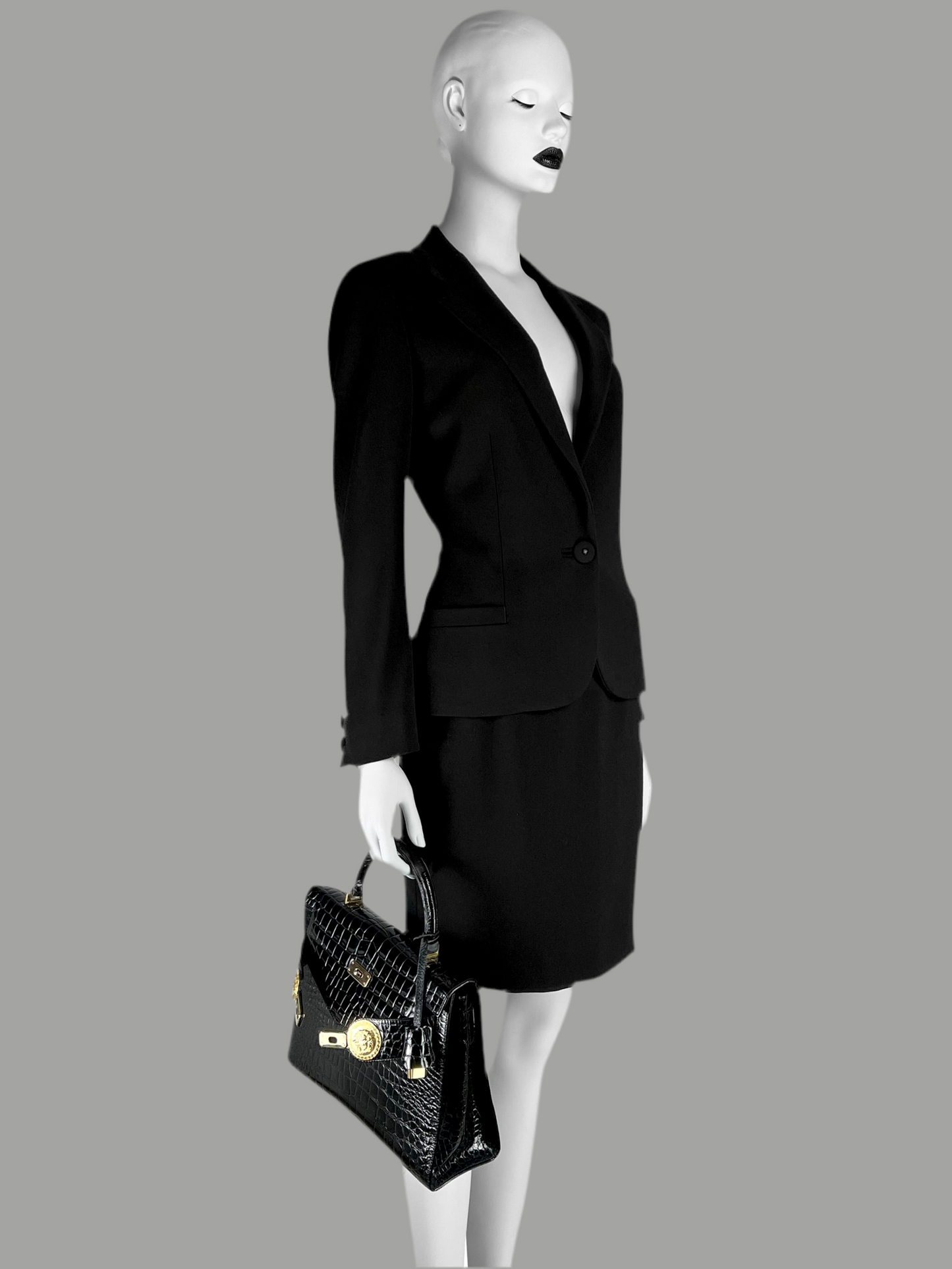 Gianni Versace Couture 1993 Classic Black Wool Skirt Suit with Medusa Button Detail