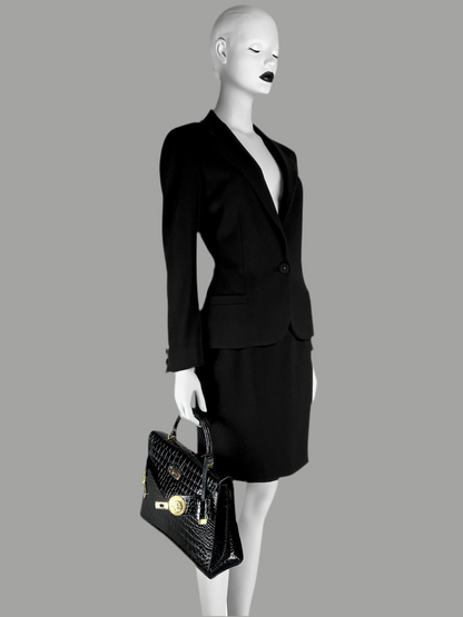 Gianni Versace Couture 1993 Classic Black Wool Skirt Suit with Medusa Button Detail
