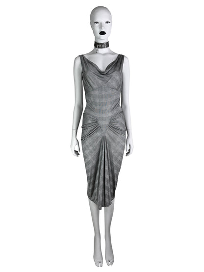 Dior Spring 2000 Plaid Print Silk Draped Jersey Dress