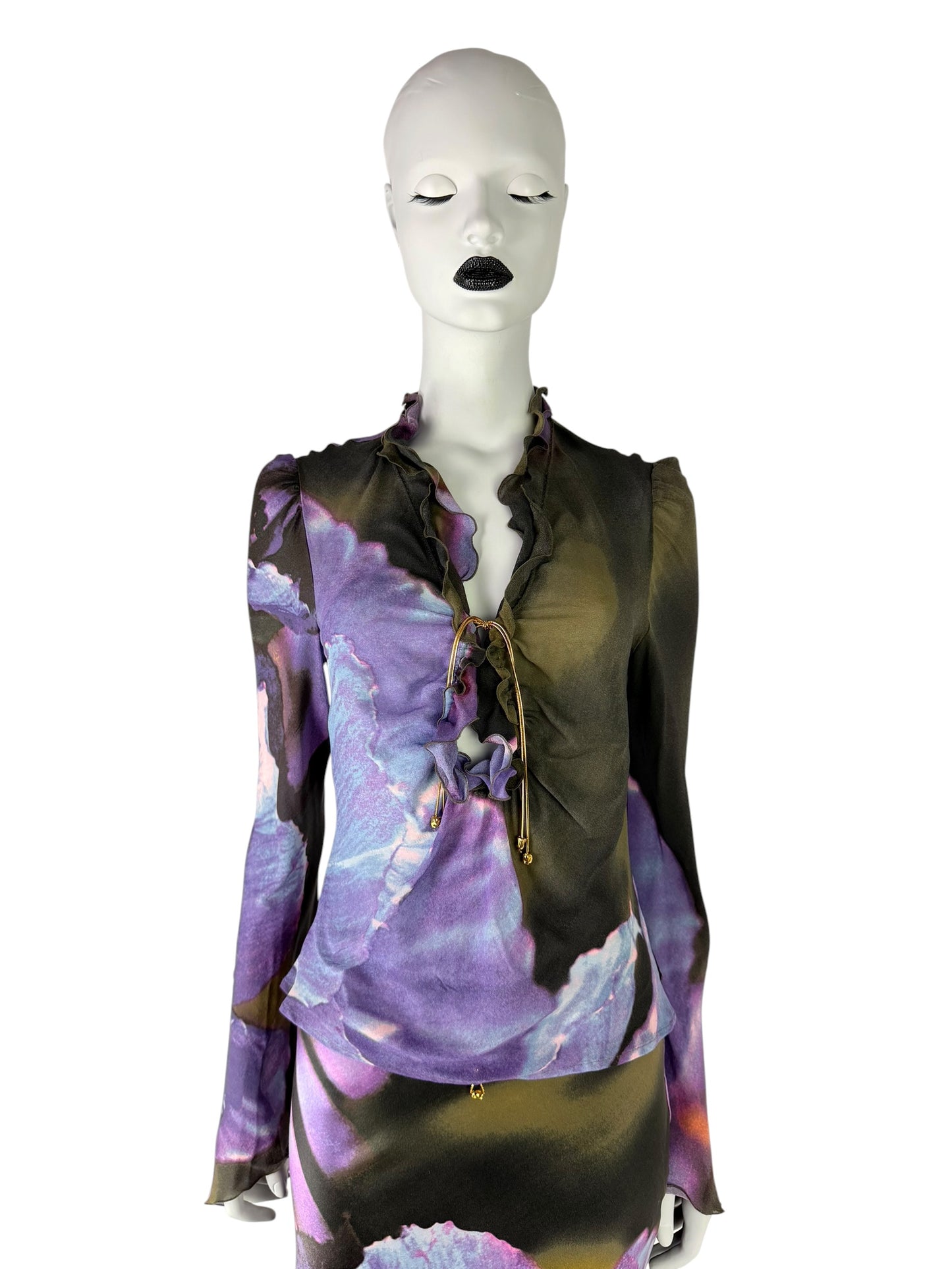 Roberto Cavalli Fall 1999 Iris Print Silk Ensemble