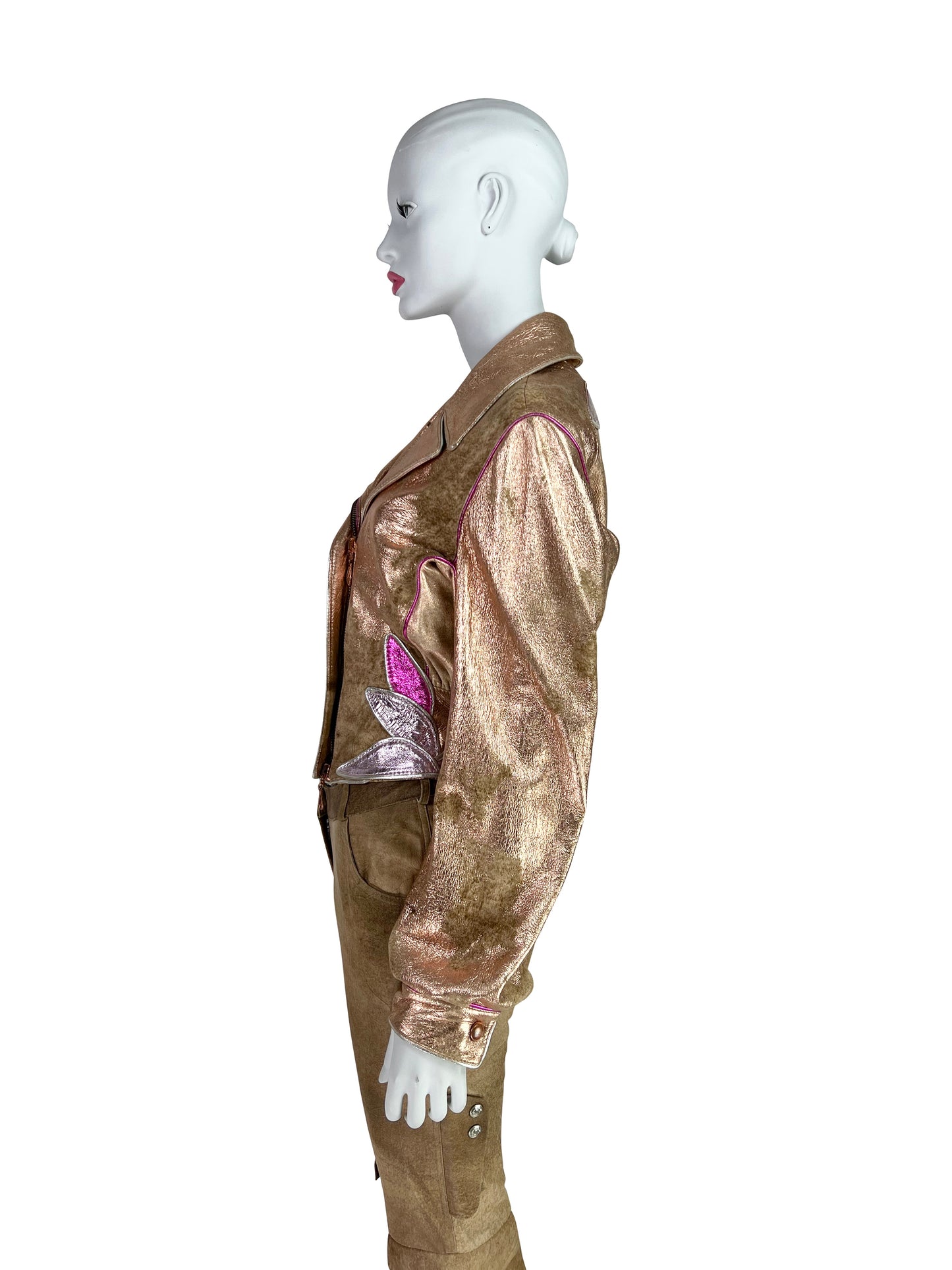 Roberto Cavalli Spring 2002 Rose Gold Suede Leather Moto Jacket