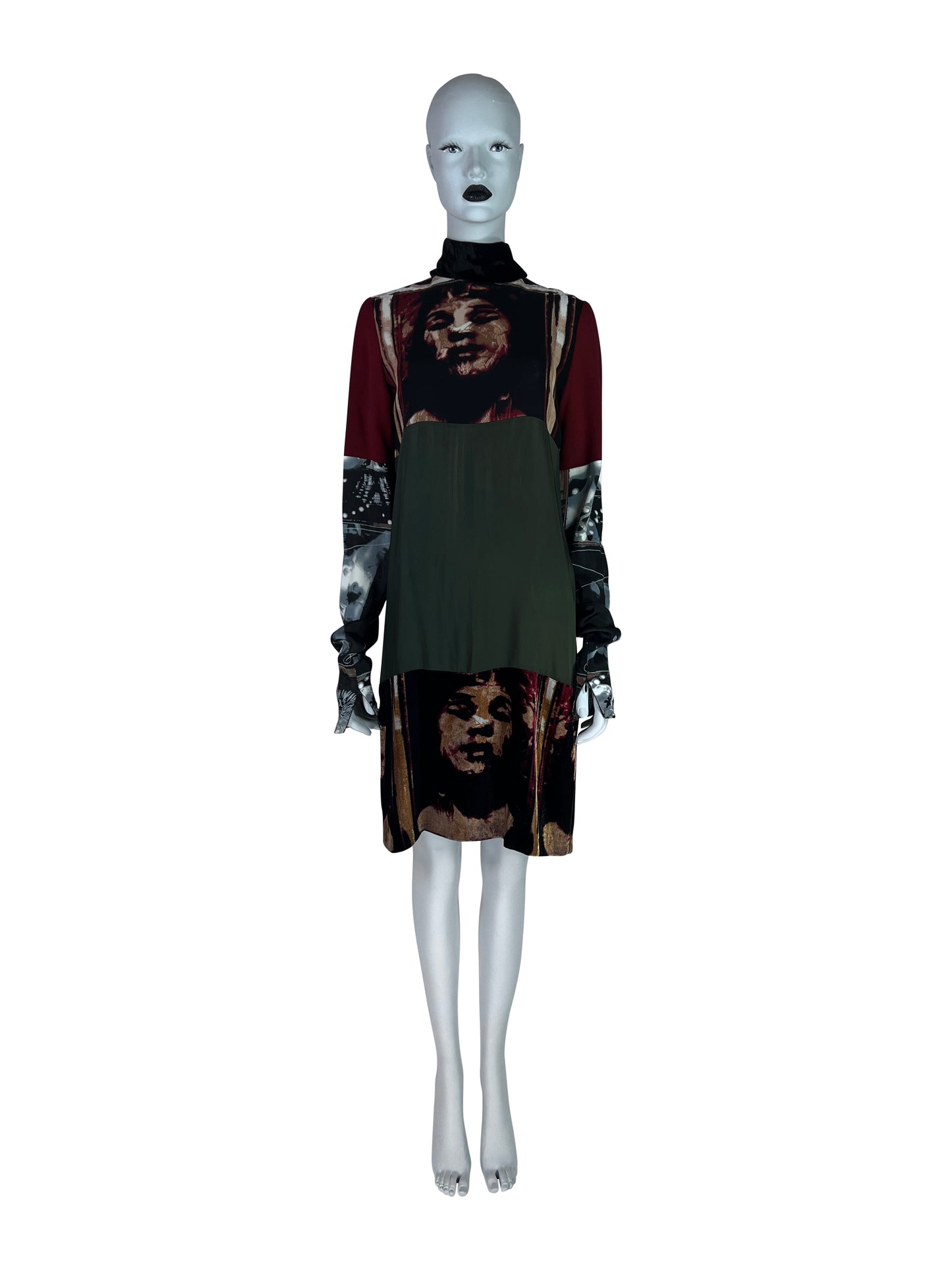 Jean-Paul Gaultier Fall 1997 Silk Tube Dress with Face Print Velvet Panels
