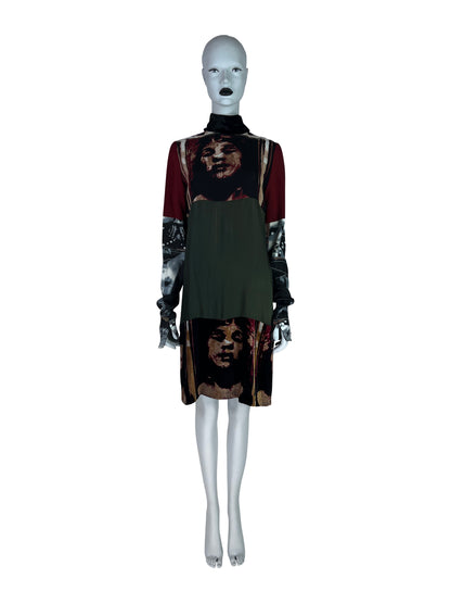 Jean-Paul Gaultier Fall 1997 Silk Tube Dress with Face Print Velvet Panels