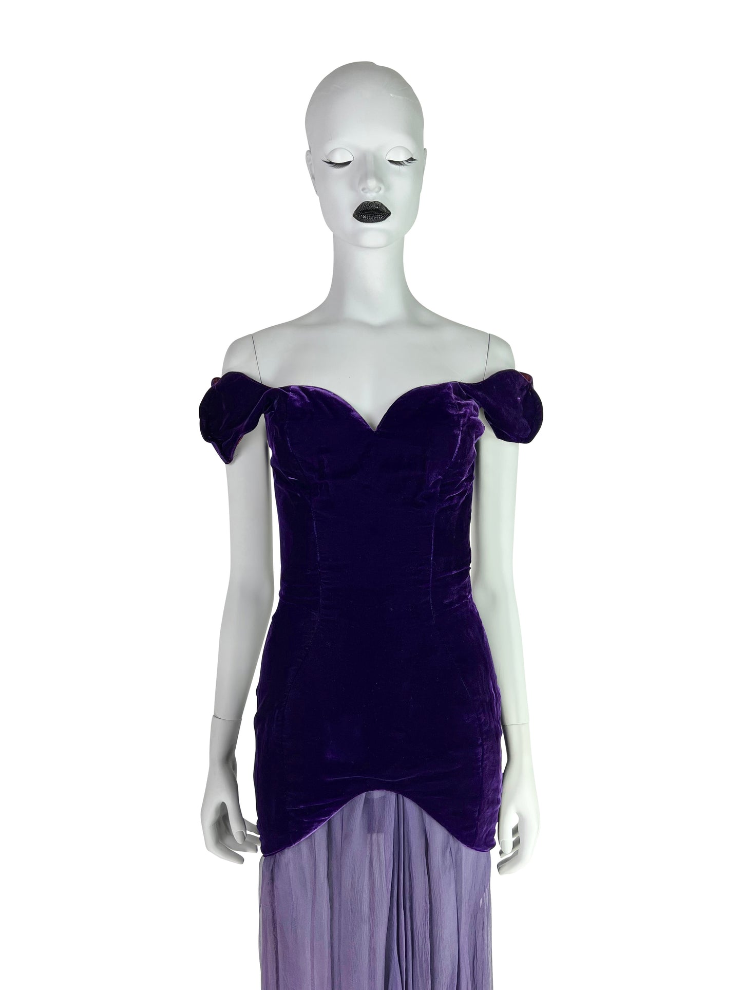Thierry Mugler Circa 1980 Ultra-Rare Demi-Couture Velvet & Chiffon Purple Gown
