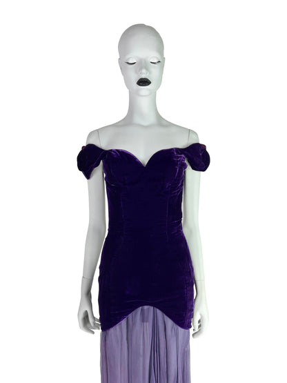 Thierry Mugler Circa 1980 Ultra-Rare Demi-Couture Velvet & Chiffon Purple Gown