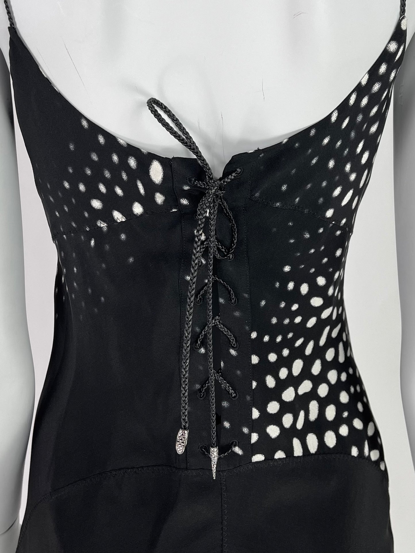 Roberto Cavalli Spring 2002 Silk Bias Cut Animal Print Black and White Dress